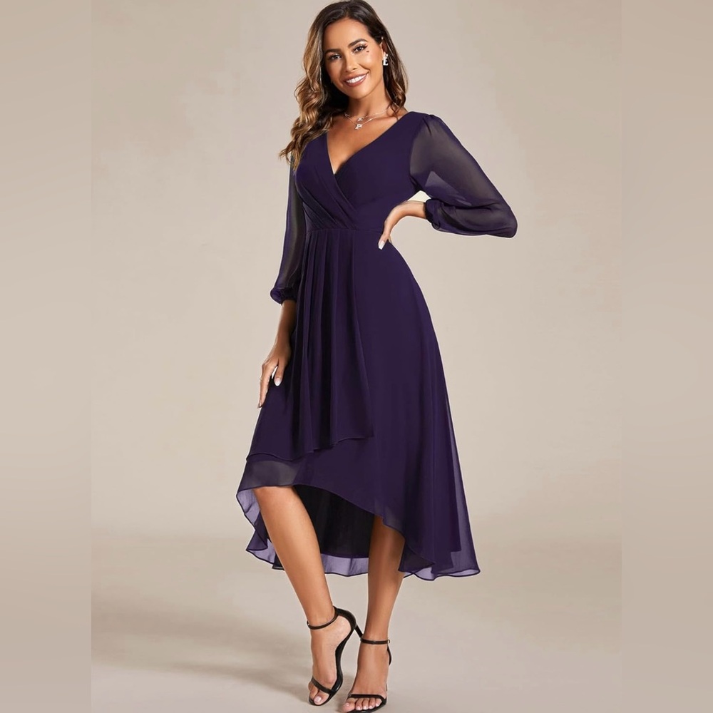 Ever-Pretty Women's Chiffon Spring V Neck Long Sleeve Pleated A-Line Midi Length